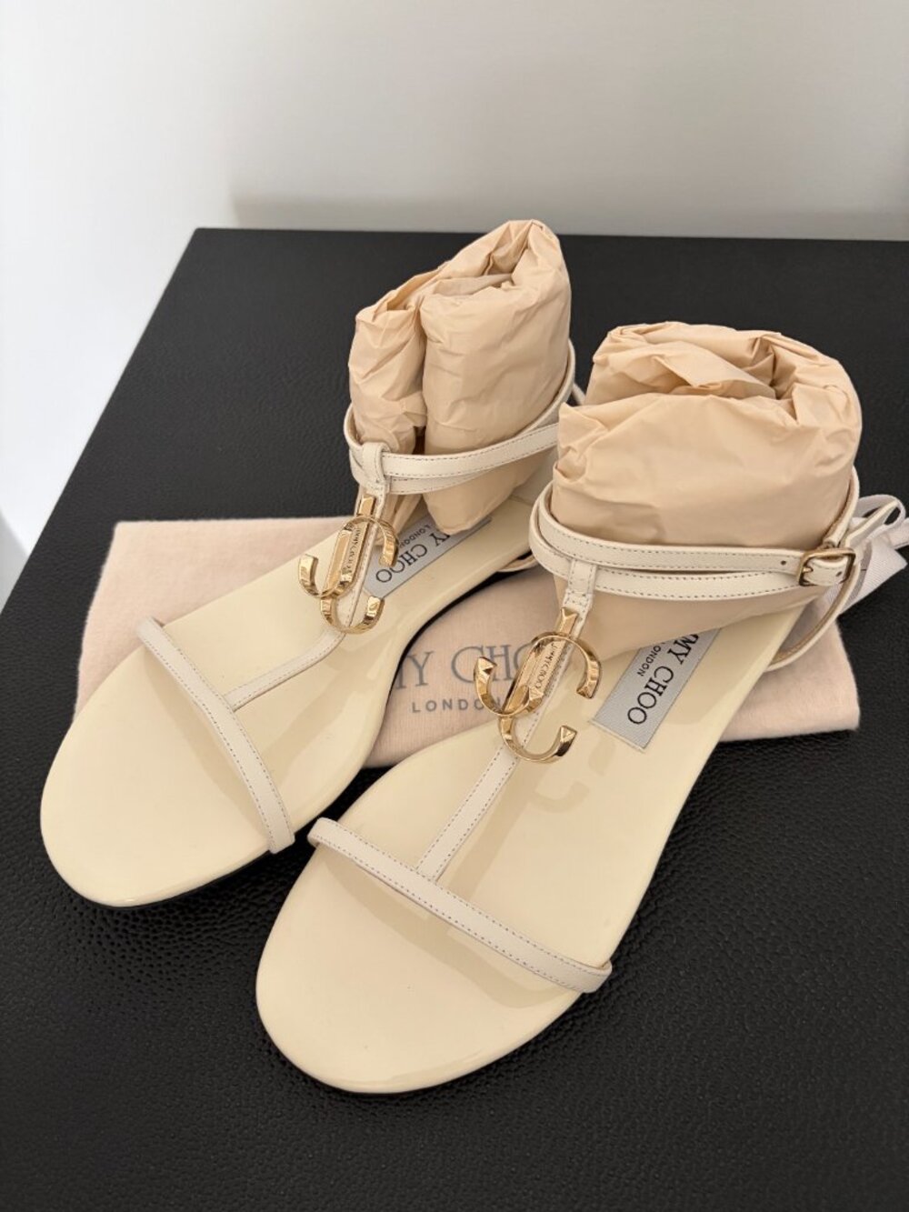 Jimmy Choo JC Logo Flat Sandals Ivory Leather Ankle Strap Size 38 IT